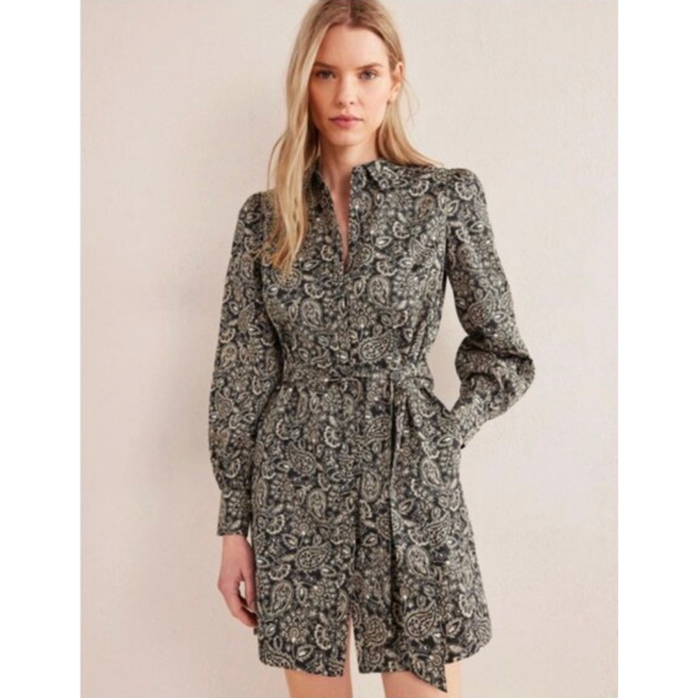 NWT Boden Paisley Shirt Dress 8 Black Long Sleeve Cotton Boho Preppy Office Work